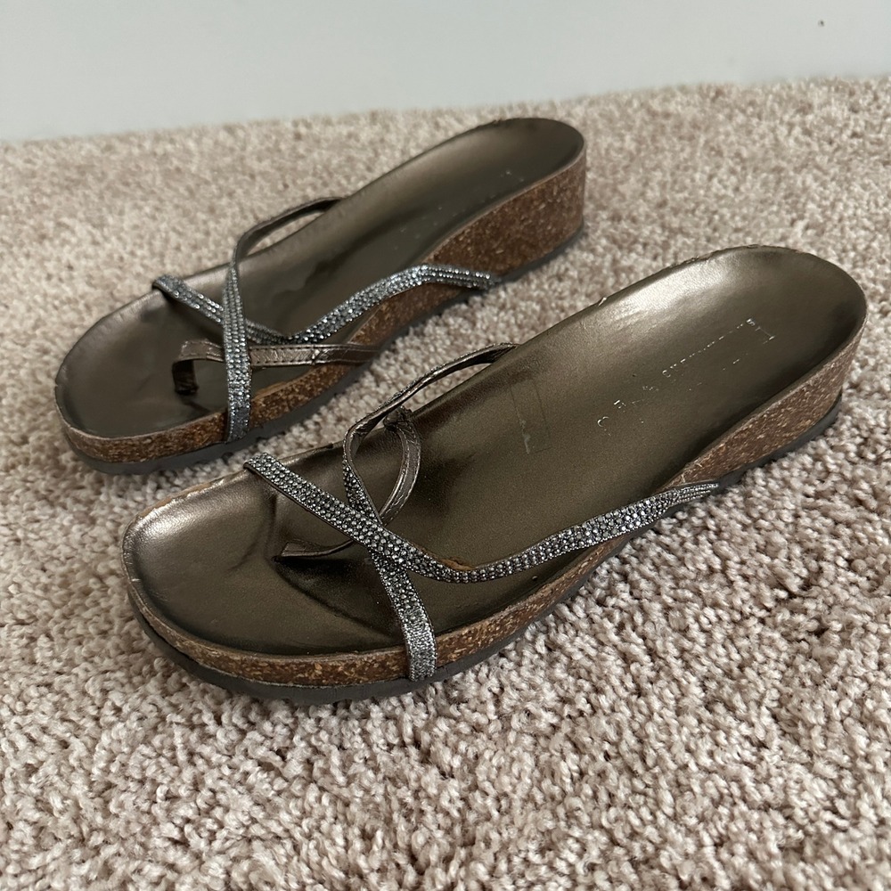 Italian Shoemakers Wedge Sandals Womens 39 Bronze Rhinestone Strappy Cork Thong - Picture 3 of 8